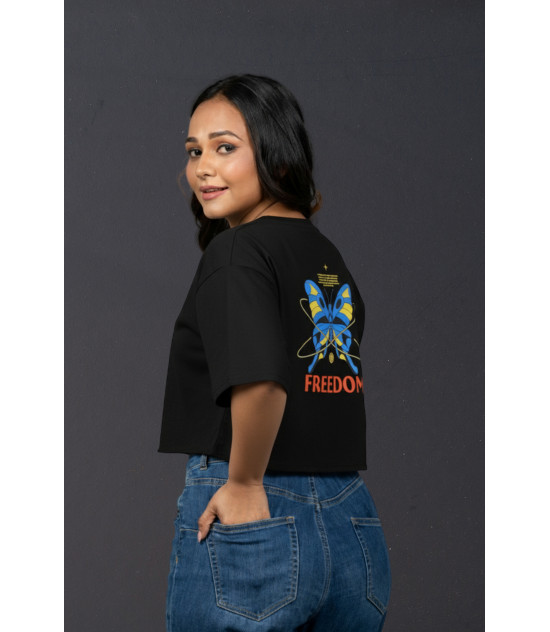 Ladies Graphic Oversize Crop Top Black Ladies Graphic Oversize Crop Top Black